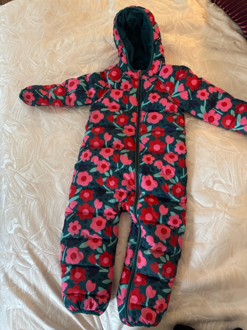 Hanna Andersson Floral Puffer Snowsuit in Pink and Green